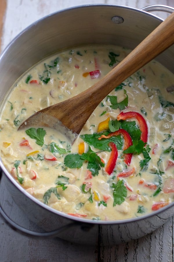 Thai Mahi Mahi Coconut Milk Curry in metal pot with wooden spoon