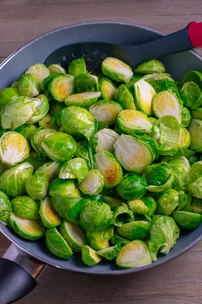 Brussels sprouts lightly sauteed in nonstick wok