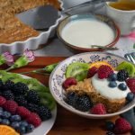 Flourless Oatmeal Pancake wedge with fruit and kefir