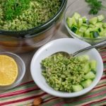 Nut Pesto green rice with lemon and cuke in small bowls