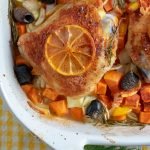 Roasted Chicken with vegetables closeup in baking pan