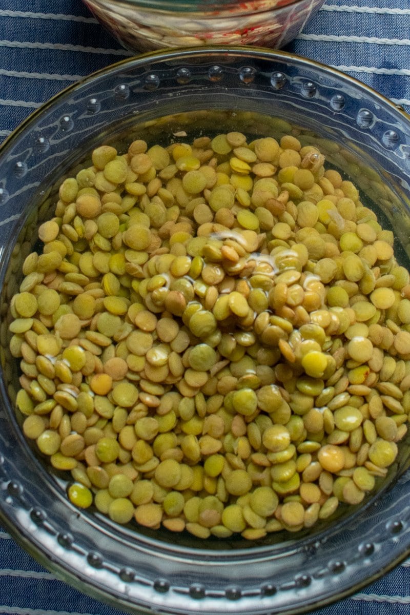 Soaked green lentils in glass bowl