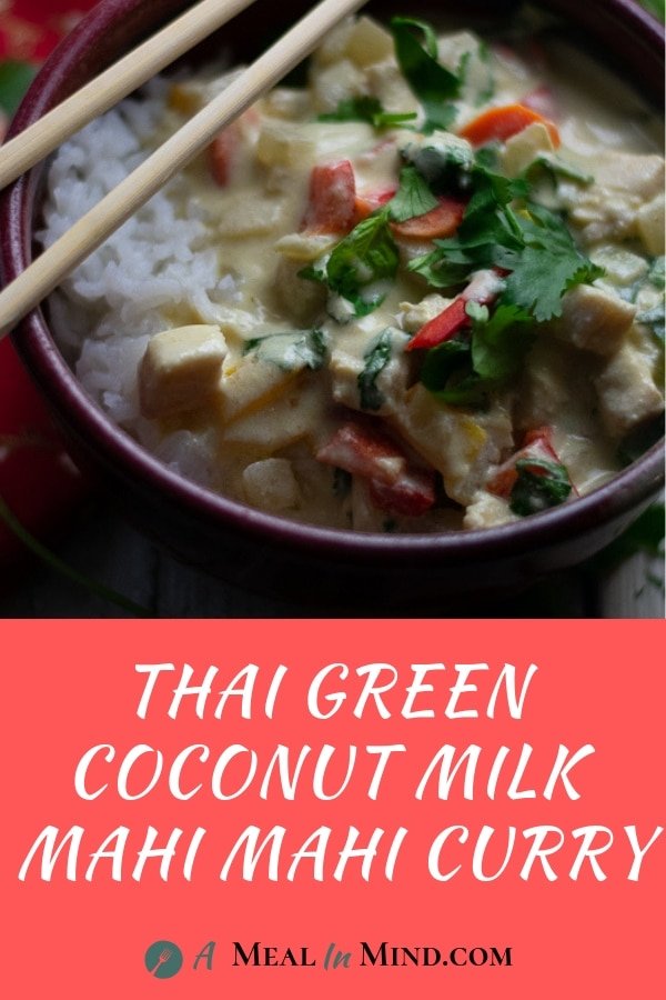 Thai Green Curry on white rice in red ceramic bowl with chopsticks and red text banner at bottom