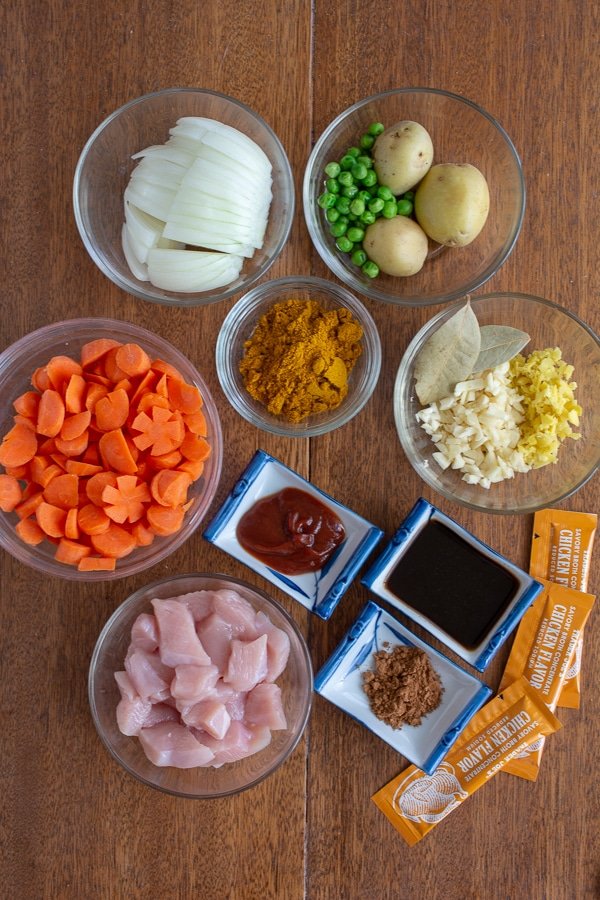 Ingredients in bowls for Japanese chicken curry from scratch