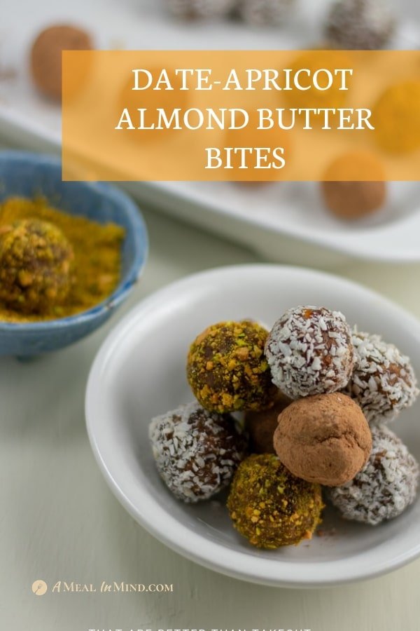 date-apricot almond butter bites on white plate 