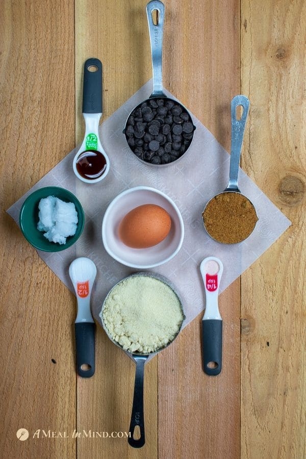 Almond Flour Dark Chocolate Chip Cookie ingredients in measuring cups