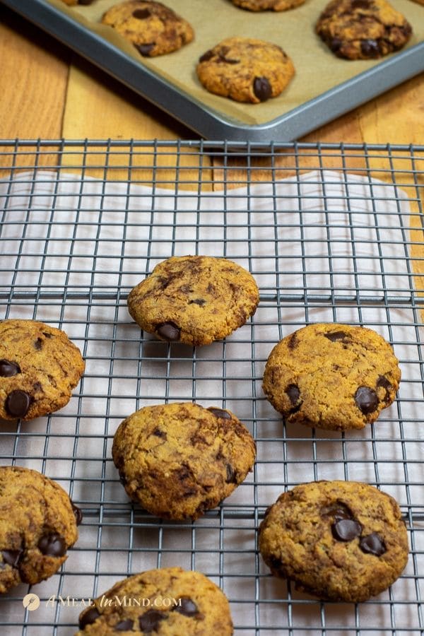 almond flour dark chocolate chip cookies on cooling rack