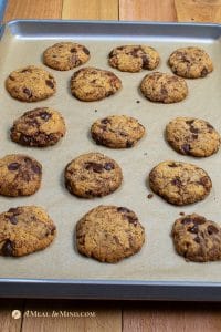 almond flour chocolate chip cookies baked on cookie sheet