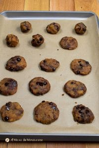 almond flour chocolate chip cookies unbaked on baking sheet