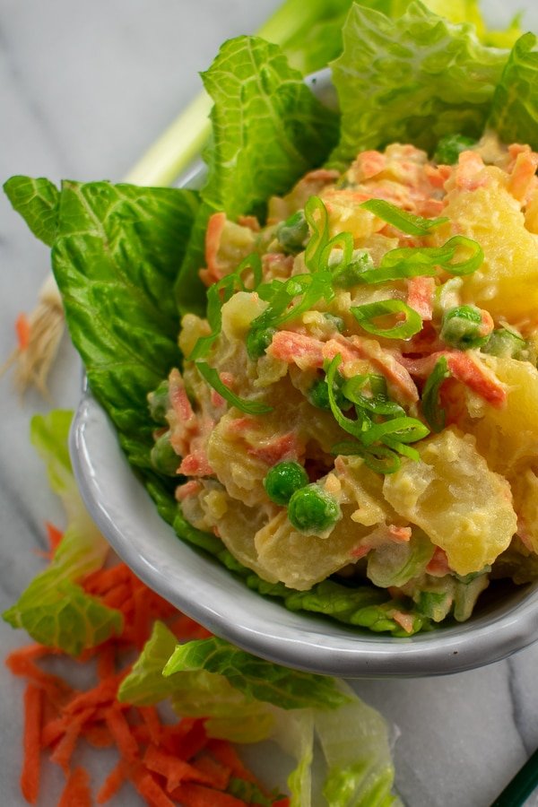 easy Hawaii style potato salad in white bowl