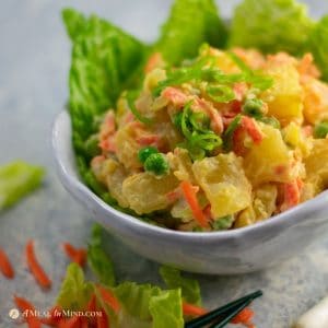 delicious Hawaii style potato salad in white bowl