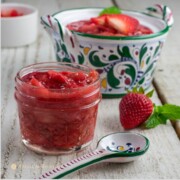 strawberry-rhubarb-mint compote in patterned bowl