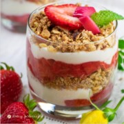 strawberry rhubarb mint parfaits in glass from side
