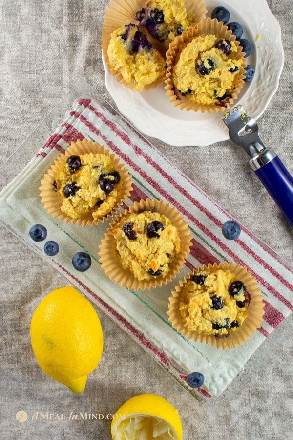 just-baked blueberry lemon almond flour muffins