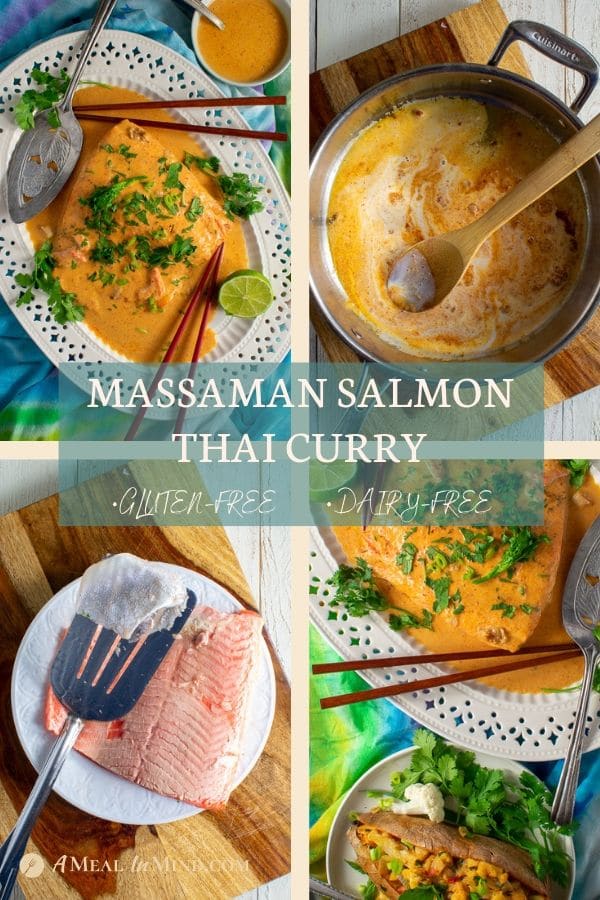 4 part pinterest collage of massaman salmon thai curry