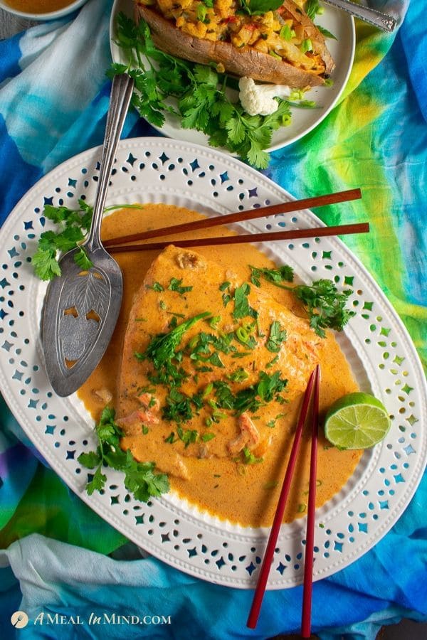 delicious easy Massaman Thai salmon or steelhead curry on white platter