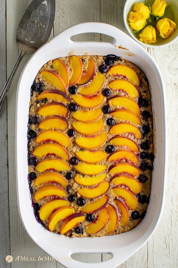 Beautiful Peach Oatmeal Breakfast Clafoutis in baking dish