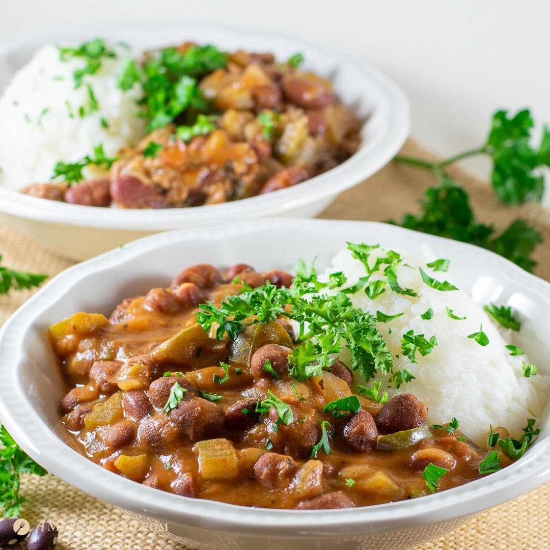 pinterest square image of savory red beans and rice 2 ways gluten free in white bowls