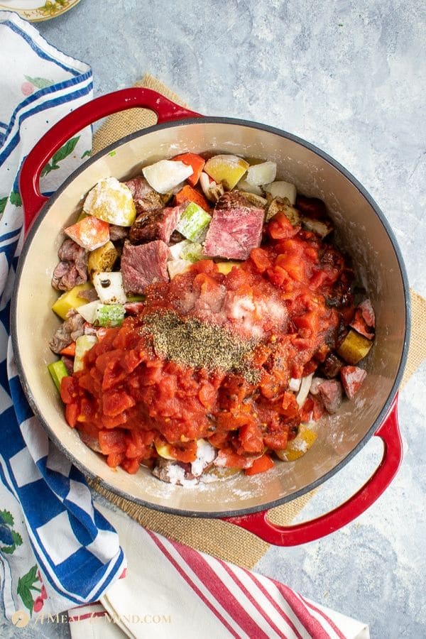 dutch oven old fashioned beef stew ingredients in pot