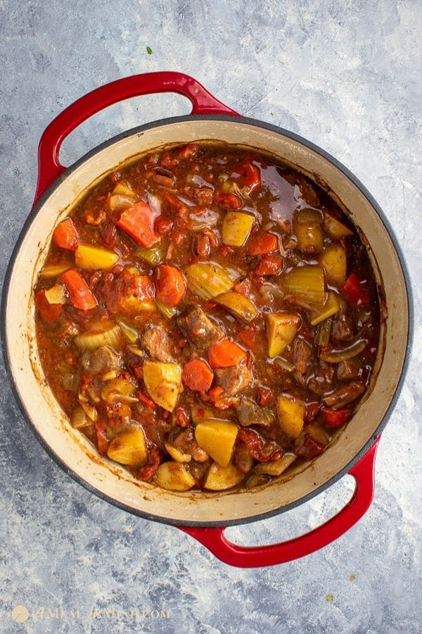 old fashioned oven baked beef stew in Dutch oven