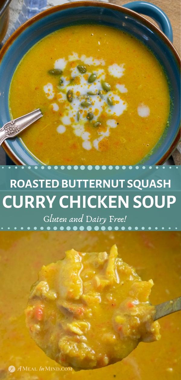 pinterest collage of butternut squash chicken curry soup and close-up