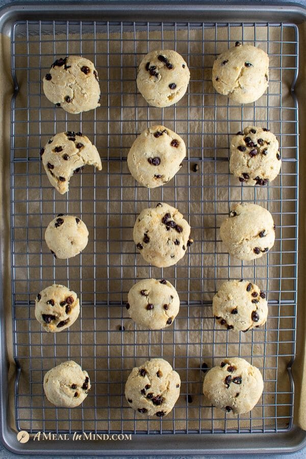 savory millet-currant biscuits cooling on baking rack