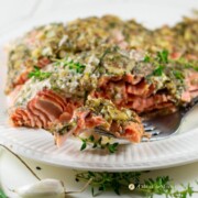 garlic herb salmon baked in parchment side view