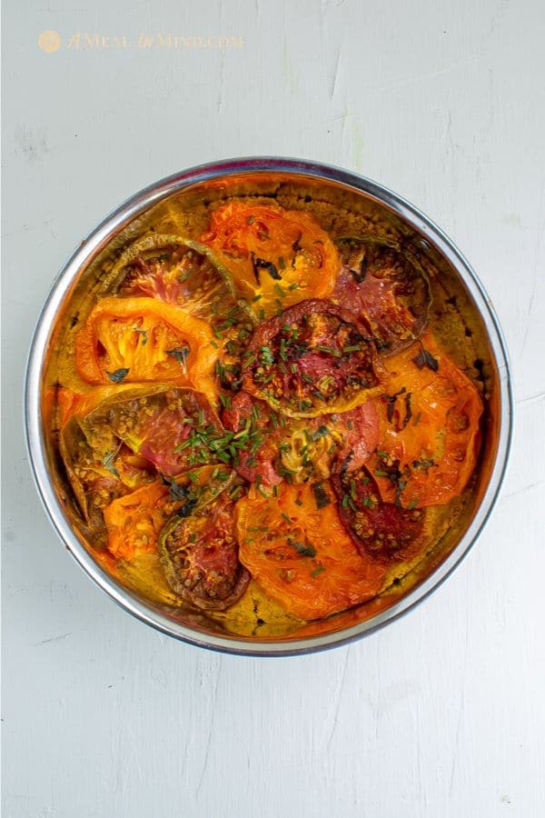 freshly baked savory roasted heirloom tomato tart with chickpea-walnut filling