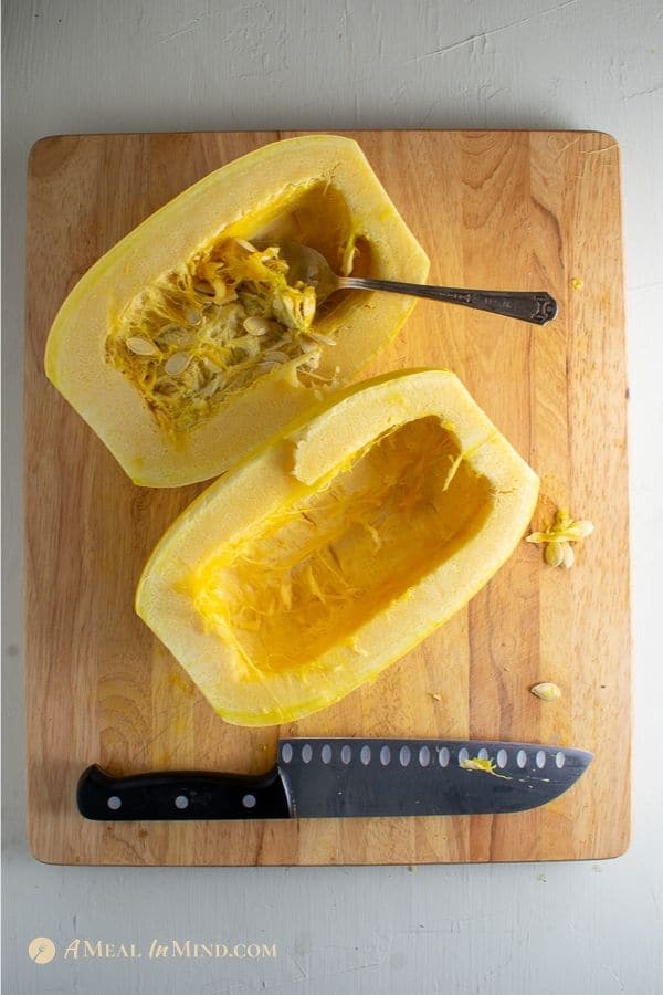 cut squash for gluten-free spaghetti squash Greek pastitsio