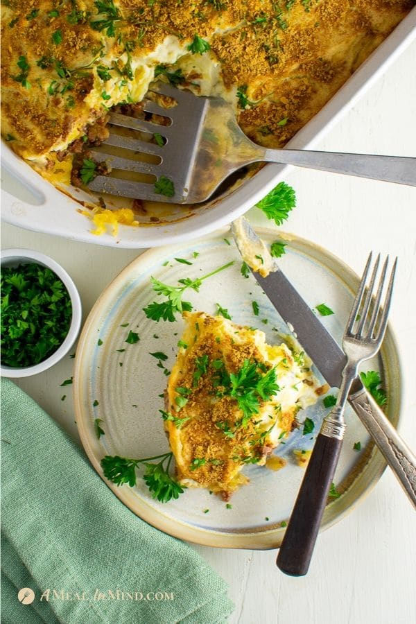 gluten-free spaghetti squash Greek pastitsio on white plate