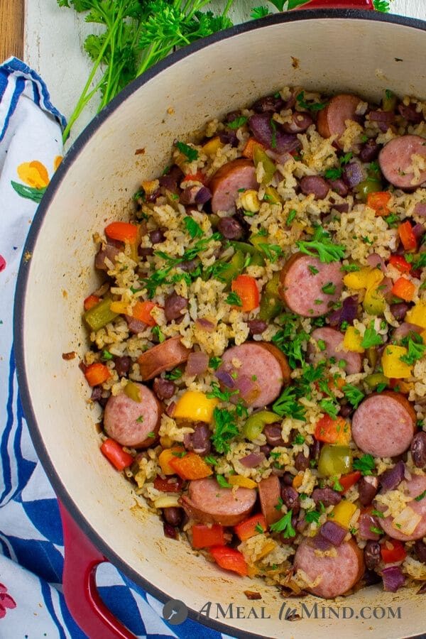 dirty rice vegetable sausage bake cropped overhead view