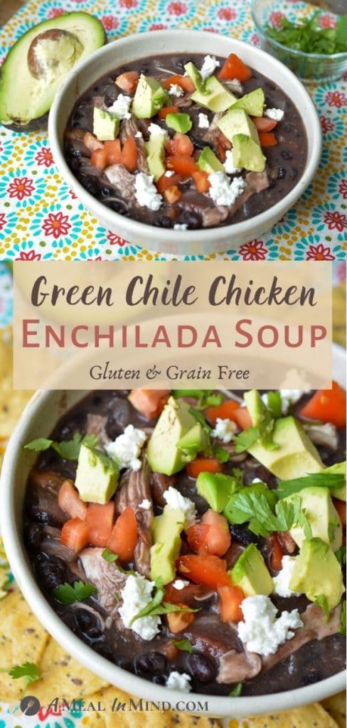 Green chile chicken enchilada soup tall pinterest collage with soup in white bowls 