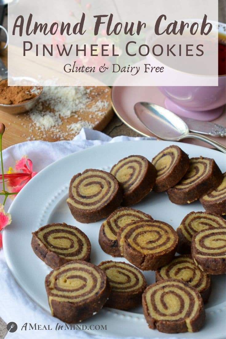 Almond Flour Carob Pinwheel Cookies on white plate side view