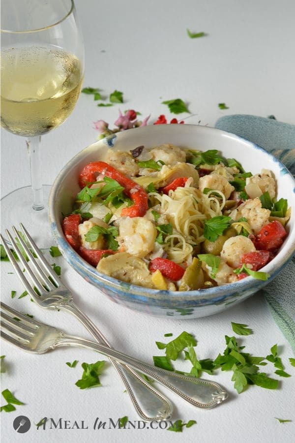 shrimp pasta with olives and artichokes