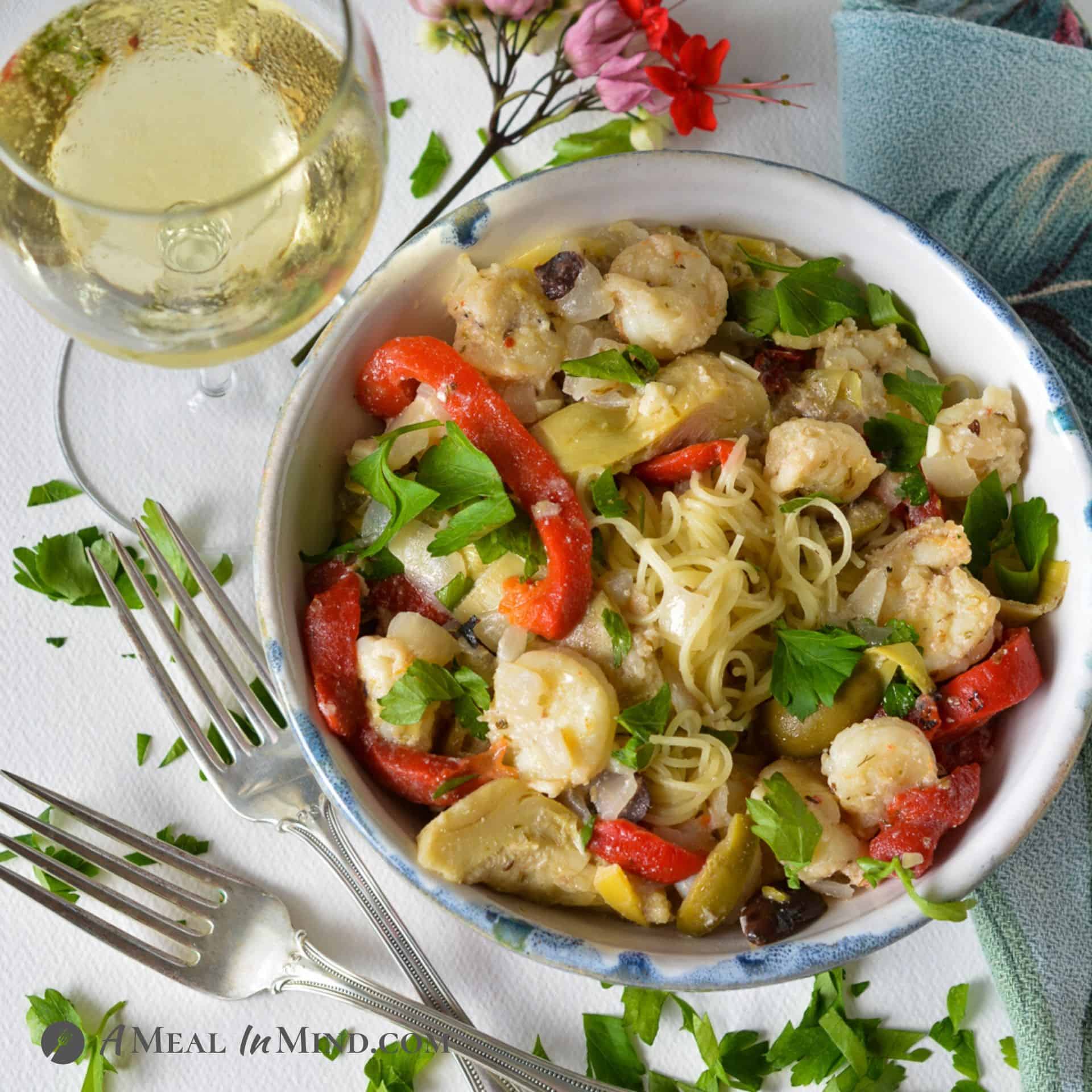 shrimp pasta with olives and artichokes