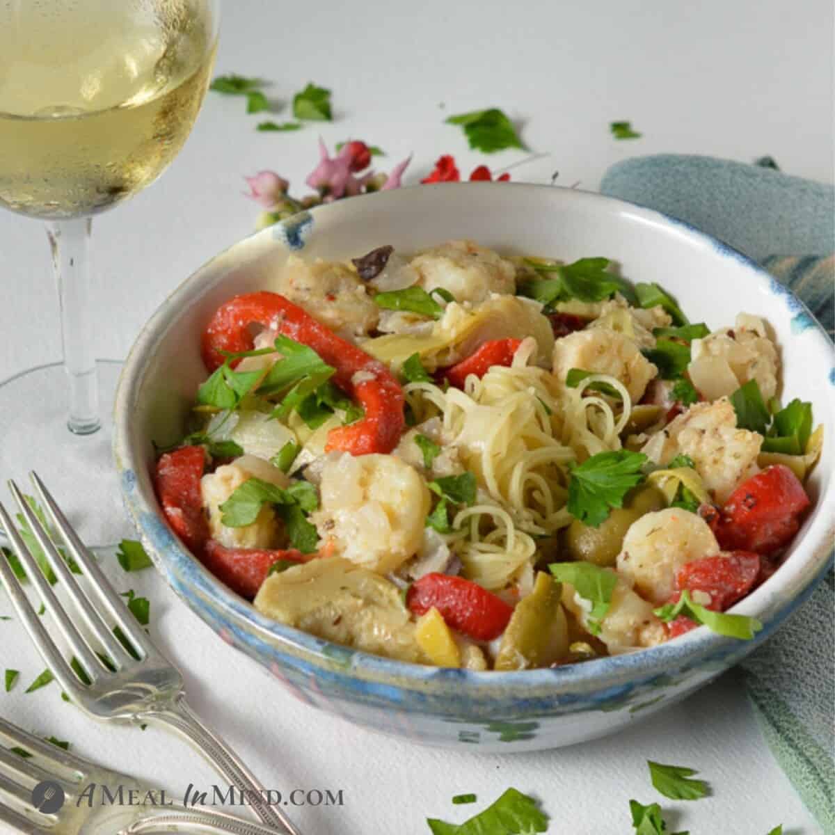 Shrimp Pasta with Olives and Artichoke Hearts - A Meal In Mind