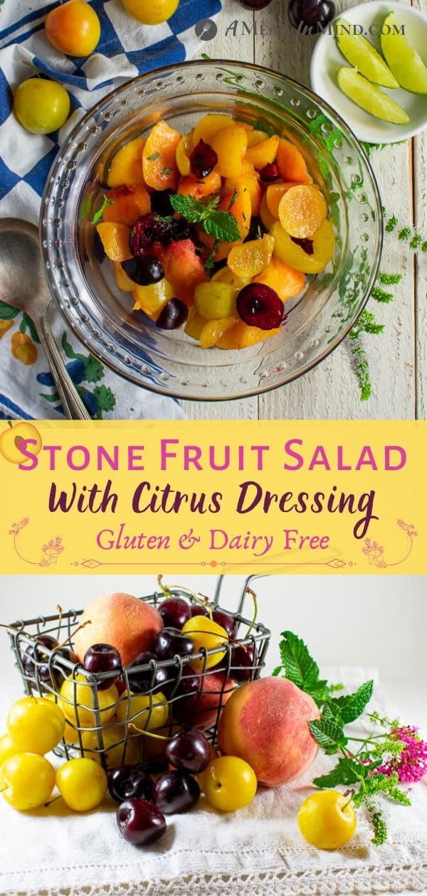 stone fruit salad in glass bowl with lime wedges