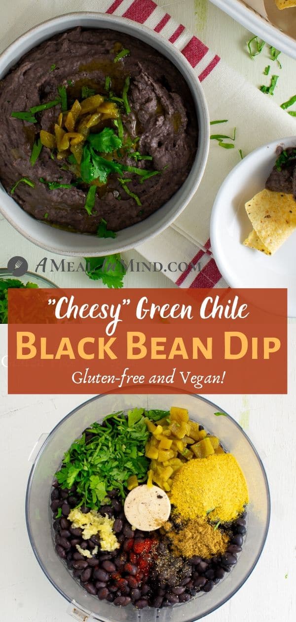 Cheesy green chile black bean dip in white bowls with ingredients in food processor