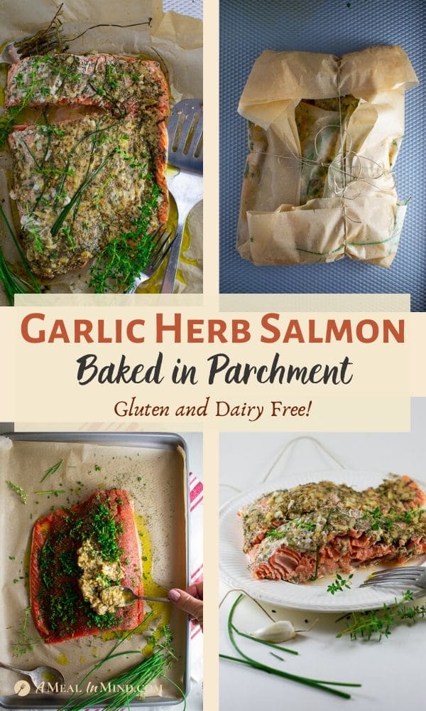 garlic herb salmon baked in parchment 4 image collage