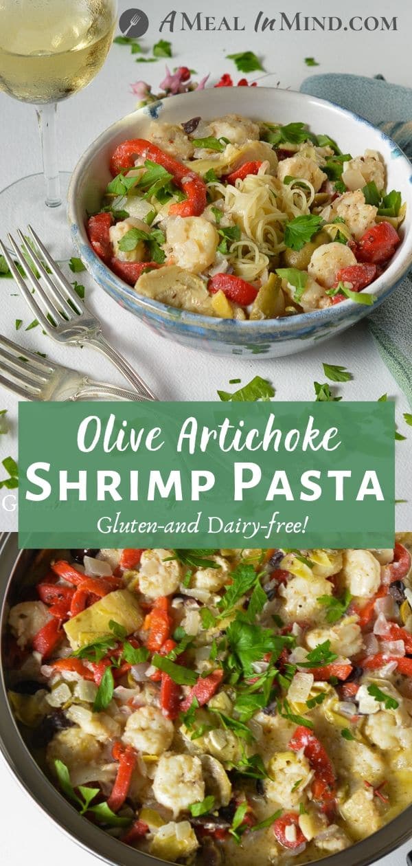 shrimp pasta with olives and artichokes pinterest collage