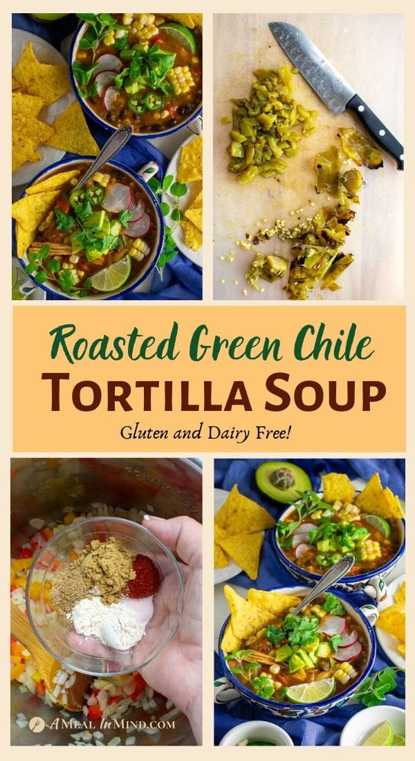 roasted green chile tortilla soup in blue bowls