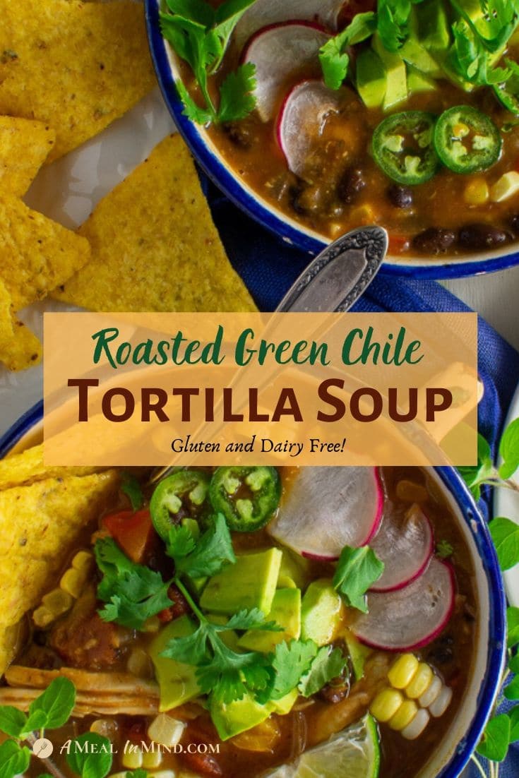 green chile tortilla soup in blue bowls