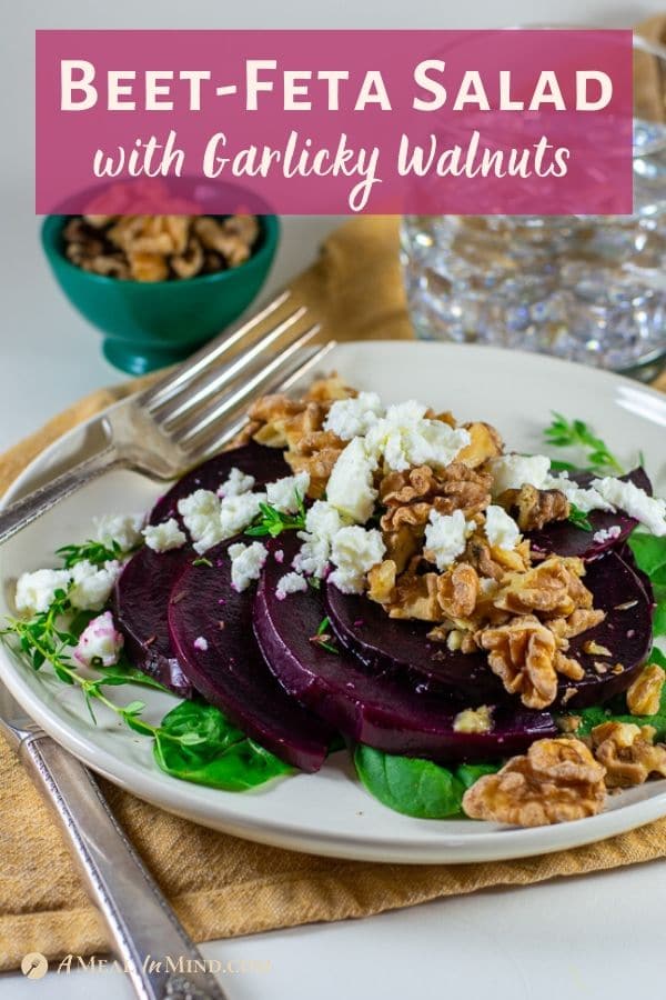 Beet-Feta Salad with Garlicky Walnuts on white plate pinterest image