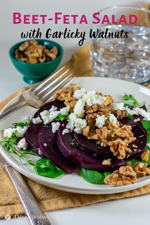 Beet-Feta Salad with Garlicky Walnuts on white plate