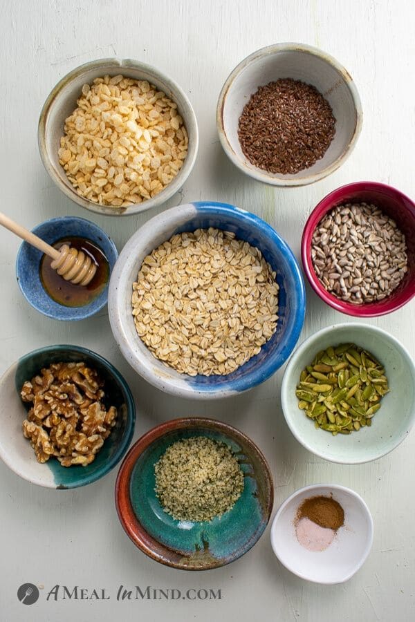 ingredients in small bowls for Flax hemp granola with rice Crisps