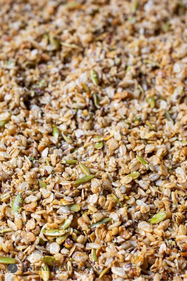 Flax hemp granola with rice Crisps in pan after baking