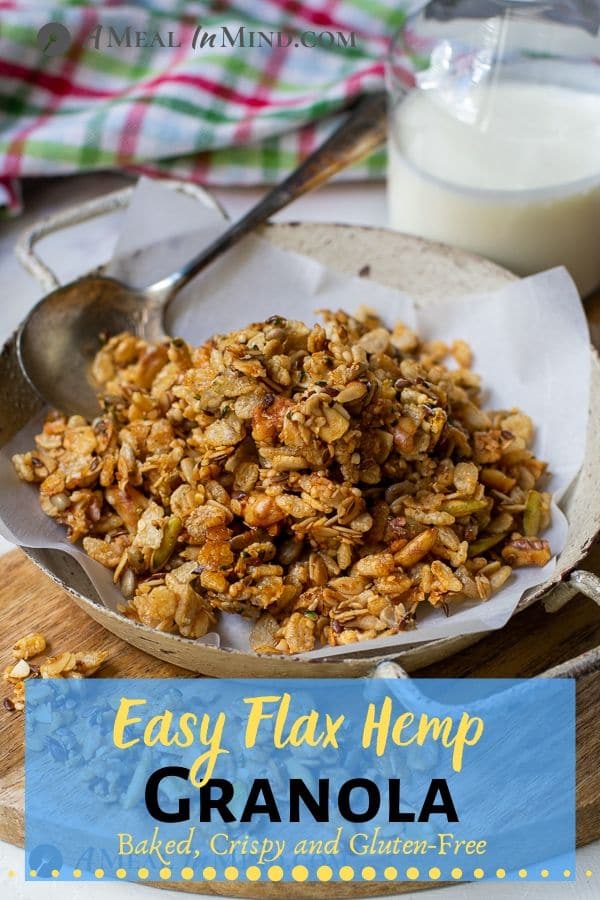 Flax hemp granola with rice Crisps in bowl with kefir pinterest image