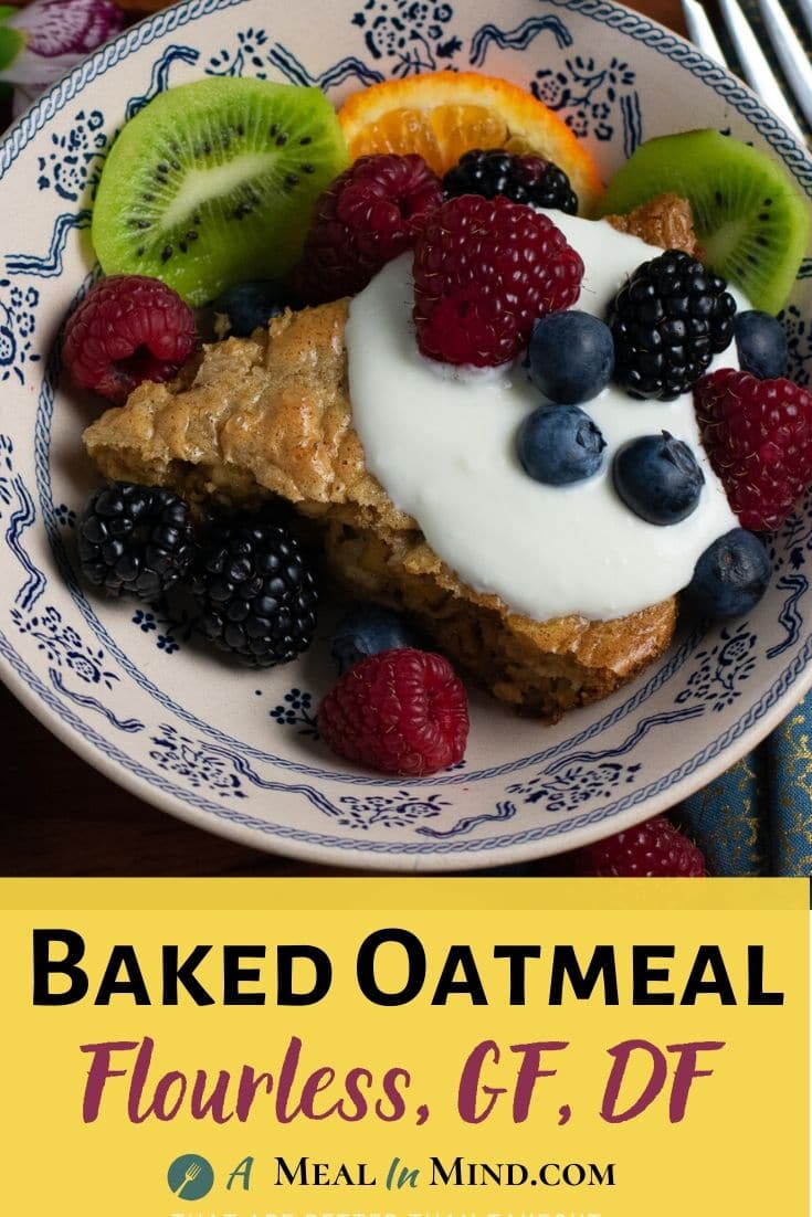 flourless baked oatmeal with fruit on patterned plate