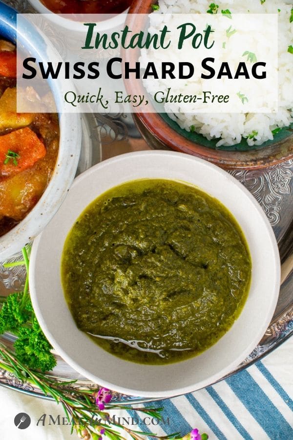 Instant Pot Swiss Chard Saag in white bowl on striped cloth