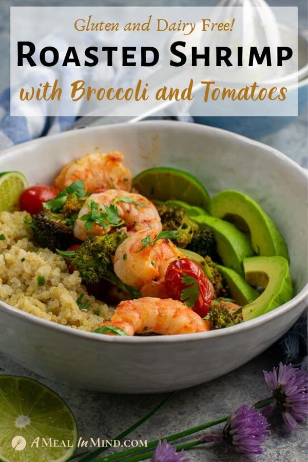 Roasted Shrimp with Broccoli and Tomatoes in white bowl